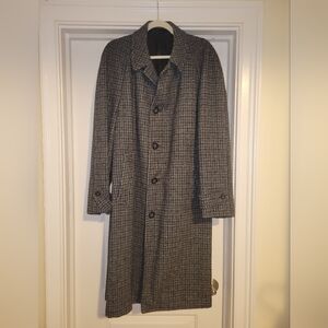 Vintage Harris Tweed Long Wool Coat Blue-Grey Plaid Raglan Sleeve
